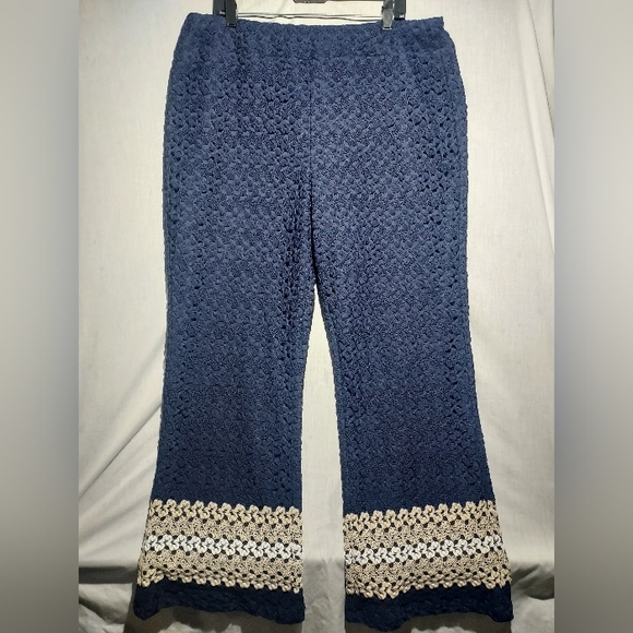 Cato Pants - Cato‎ navy blue, cream, and white crochet harem pants US size 18/20